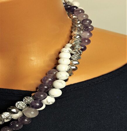 Ametist Havlit Kristal Üç Sıralı Kolye