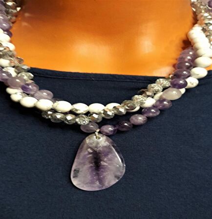 Ametist Havlit Kristal Üç Sıralı Kolye