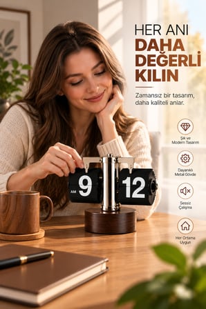 Retro Sayfa Çevirmeli Masa Saati Mekanik Flip Clock Ahşap Görünümlü Taban Sessiz Dekoratif Saat