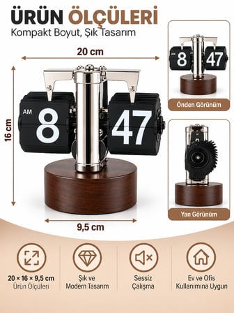 Retro Sayfa Çevirmeli Masa Saati Mekanik Flip Clock Ahşap Görünümlü Taban Sessiz Dekoratif Saat