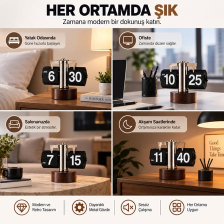 Retro Sayfa Çevirmeli Masa Saati Mekanik Flip Clock Ahşap Görünümlü Taban Sessiz Dekoratif Saat