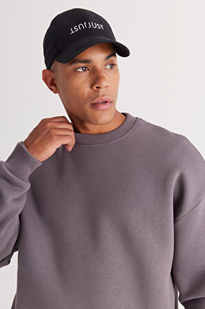 Erkek Koyu Gri Oversize Fit Bol Kesim Pamuklu Içi Polarlı 3 Iplik Bisiklet Yaka Sweatshirt