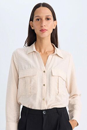 DeFacto Oversize Geniş Kalıp Basic Düz Çift Cepli Uzun Kollu Viskon Gömlek D4739AX24AUBG26