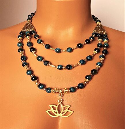 Yeşil Kaplan Gözü Üç Sıralı Kolye