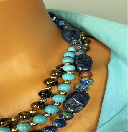 Ayrılabilen Üç Sıralı Kolye Lapis Turkuaz Kaplan Gözü