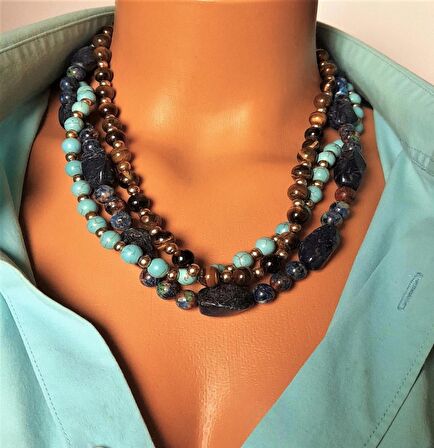 Ayrılabilen Üç Sıralı Kolye Lapis Turkuaz Kaplan Gözü