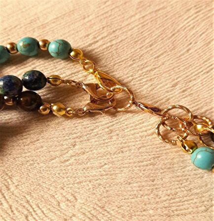 Ayrılabilen Üç Sıralı Kolye Lapis Turkuaz Kaplan Gözü