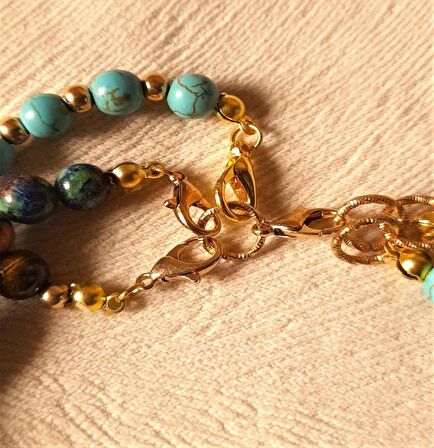 Ayrılabilen Üç Sıralı Kolye Lapis Turkuaz Kaplan Gözü