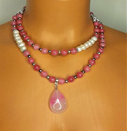 İnci Pembe Ceyt İki Sıralı Kolye