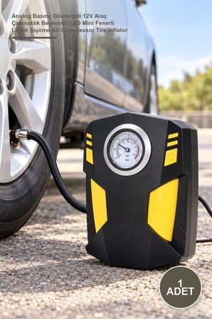1 Adet Profesyonel Analog Hava Kompresörü – Analog Basınç Göstergeli 12V Araç Çakmaklık Beslemeli LED Mini Fenerli Lastik Şişirme Air Compressor Tire Inflator