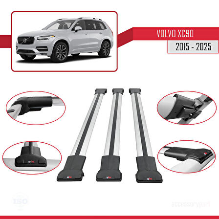 Volvo XC90 II 2015 ve Sonrası ile Uyumlu FLY Model Ara Atkı Tavan Barı Gri 3 Adet
