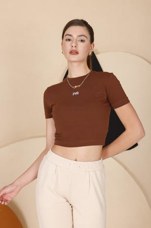 Kadın Kahverengi Bisiklet Yaka Crop T-shirt - 169