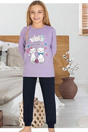 Kedili Desenli Uzun Kollu Kız Çocuk Pijama Takım