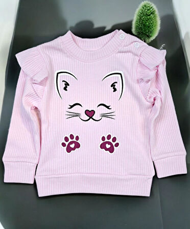 Kol Fırfırlı Kedili Kız Bebek Takım