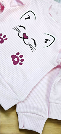 Kol Fırfırlı Kedili Kız Bebek Takım