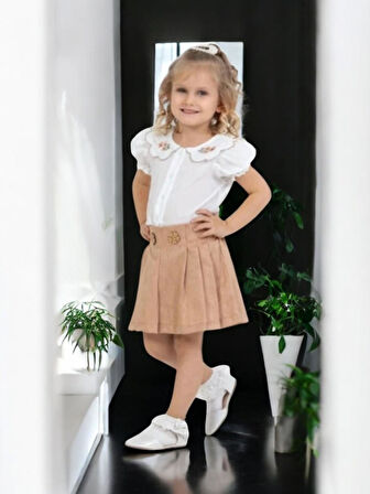 Yakası Dantelli Kız Çocuk Şort Etekli Takım