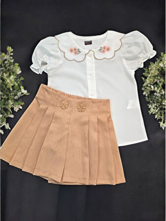 Yakası Dantelli Kız Çocuk Şort Etekli Takım