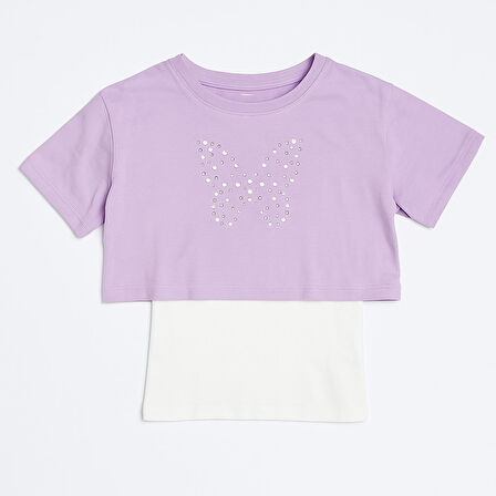 Kelebekli Taşlı Kız Çocuk Crop Set