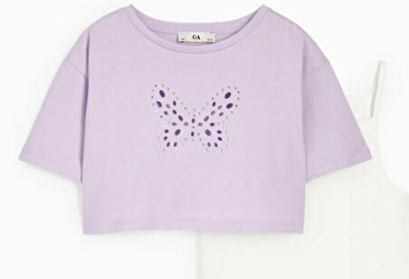 Kelebekli Taşlı Kız Çocuk Crop Set