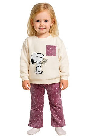 Çiçekli Kadife Taytlı Kışlık Çocuk Taytlı Takım