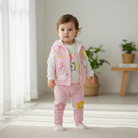 Çiçek Nakışlı Yelekli Kız Bebek Alt Üst Takım