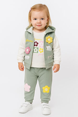 Çiçek Nakışlı Yelekli Kız Bebek Alt Üst Takım