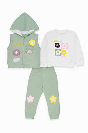 Çiçek Nakışlı Yelekli Kız Bebek Alt Üst Takım