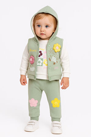 Çiçek Nakışlı Yelekli Kız Bebek Alt Üst Takım