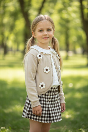 Çiçekli Hırkalı Şort Etekli Kız Çocuk Takım