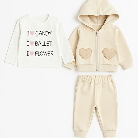 Kalp Nakışlı Hırkalı Kışlık Kız Bebek Eşofman Takım 3lü Set