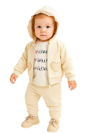 Kalp Nakışlı Hırkalı Kışlık Kız Bebek Eşofman Takım 3lü Set