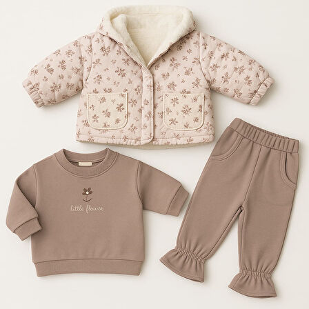 Çiçekli Montlu Kız Çocuk Kışlık Takım