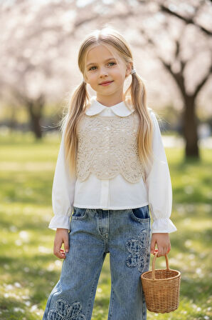 Triko Süveterli Kız Çocuk Kot Pantolonlu Takım