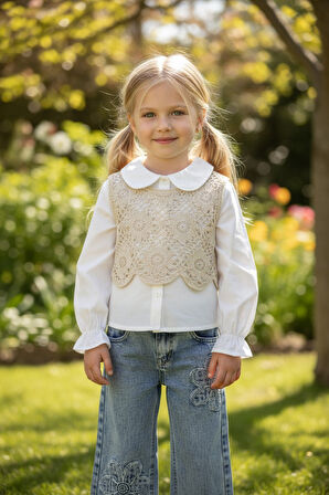 Triko Süveterli Kız Çocuk Kot Pantolonlu Takım