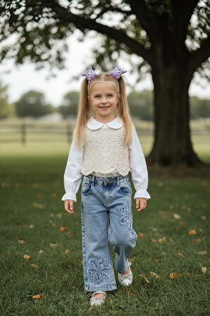 Triko Süveterli Kız Çocuk Kot Pantolonlu Takım