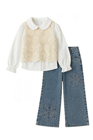 Triko Süveterli Kız Çocuk Kot Pantolonlu Takım