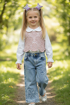 Triko Süveterli Kız Çocuk Kot Pantolonlu Takım