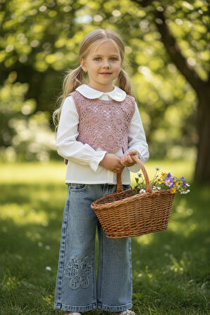Triko Süveterli Kız Çocuk Kot Pantolonlu Takım