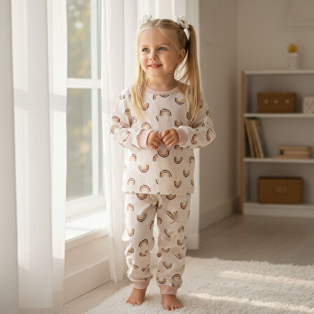 Gökkuşağı Desenli Kız Çocuk Pijama Takım