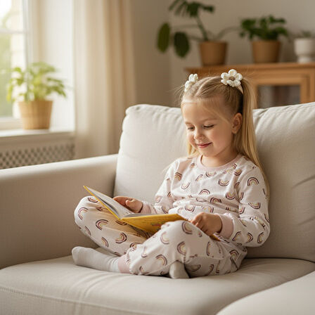 Gökkuşağı Desenli Kız Çocuk Pijama Takım