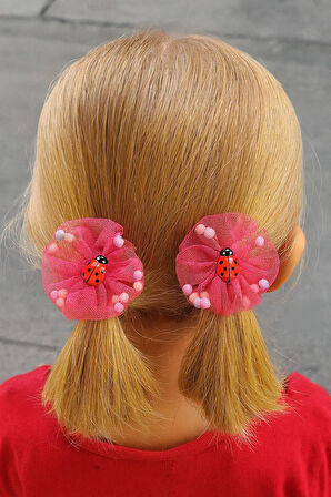 İçi Ponponlu Uğur Böcekli Kız Çocuk Lastikli Toka 2li