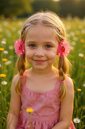 İçi Ponponlu Uğur Böcekli Kız Çocuk Lastikli Toka 2li