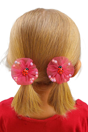 İçi Ponponlu Uğur Böcekli Kız Çocuk Lastikli Toka 2li