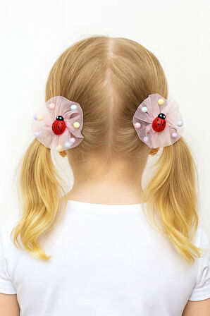 İçi Ponponlu Uğur Böcekli Kız Çocuk Lastikli Toka 2li