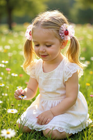 İçi Ponponlu Uğur Böcekli Kız Çocuk Lastikli Toka 2li