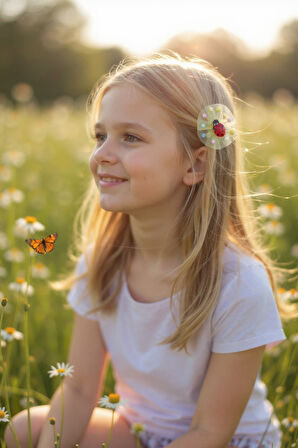 İçi Ponponlu Uğur Böcekli Kız Çocuk Lastikli Toka 2li