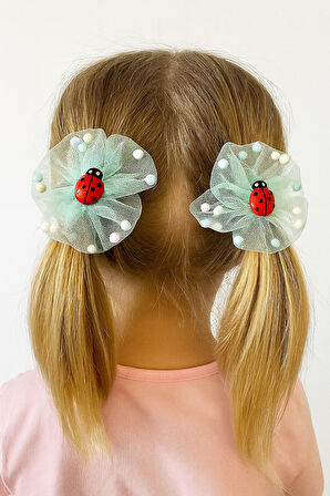 İçi Ponponlu Uğur Böcekli Kız Çocuk Lastikli Toka 2li