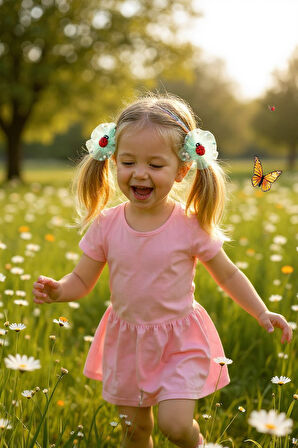 İçi Ponponlu Uğur Böcekli Kız Çocuk Lastikli Toka 2li