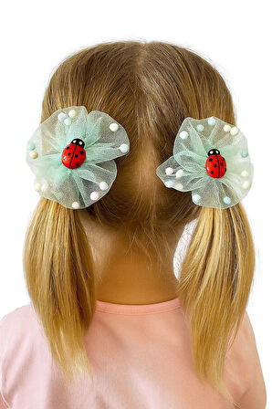 İçi Ponponlu Uğur Böcekli Kız Çocuk Lastikli Toka 2li