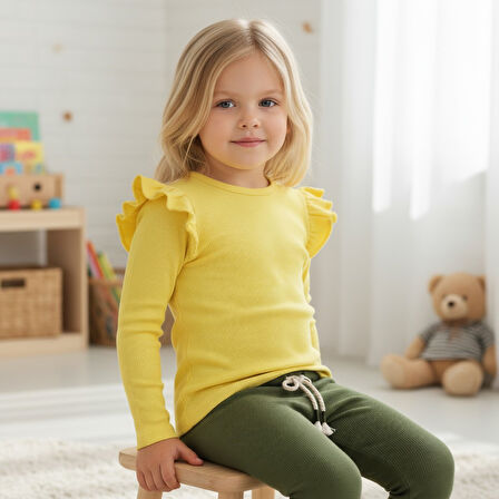 Omuzu Fırfırlı Kız Çocuk Taytlı Takım